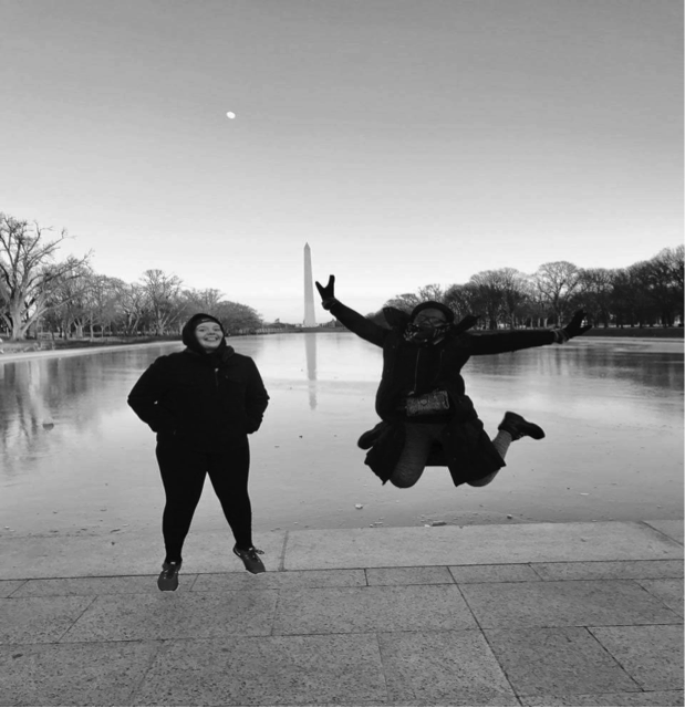 Figure 3: Amanda Wagner and I doing a jump shot at the Tidal Basin after visiting the Lincoln Memorial. Photo Credit: Jackson Hoch